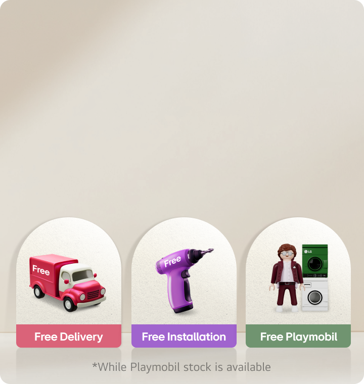 Free delivery for LG members only! There are two half-circle shaped sandwich boards placed. The left board features the words 'Free Delivery' with an image of a truck, while the right board has 'Free Playmobil' with an image of a washing machine and a set of Playmobil toys.