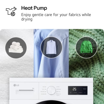 image of showing the dry dial with options for towels, shirts, and wool fabrics. Text read : 'Heat Pump': Enjoy gentle care for your fabrics while drying.
