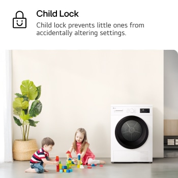 image of two children playing with colorful blocks near a washer. Text read: 'Child Lock': Child Lock prevents little ones from accidentally altering settings.