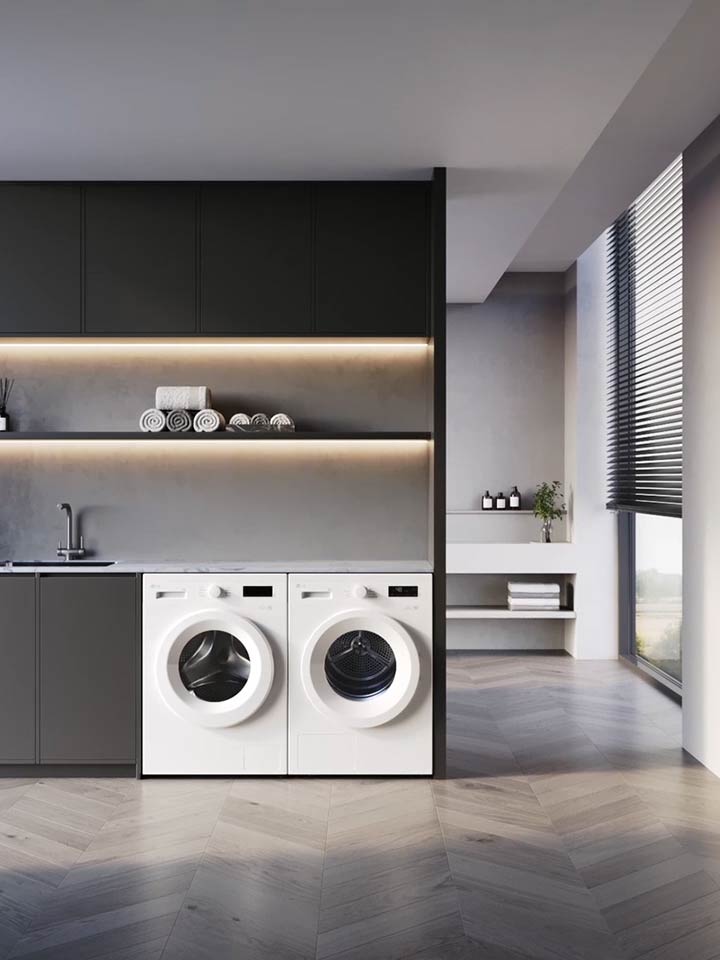 Video of zooming into the LG dryer in the laundry room with LG washing machine.