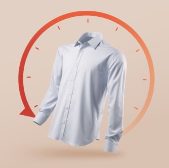 White shirt is placed in the centre with a red arrow behind it symbolising the passage of time.