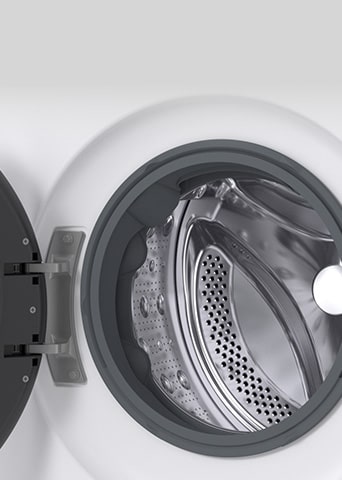 LG white front load washer dryer (F4X9EUP25M) has its door wide open, revealing the inner drum.
