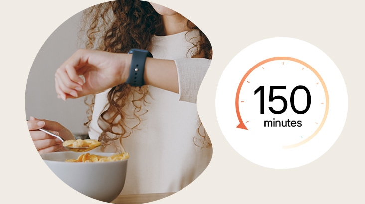 A woman eats cereal while looking at her wristwatch, with the text “150 minutes” surrounded by a circular arrow graphic on the right.