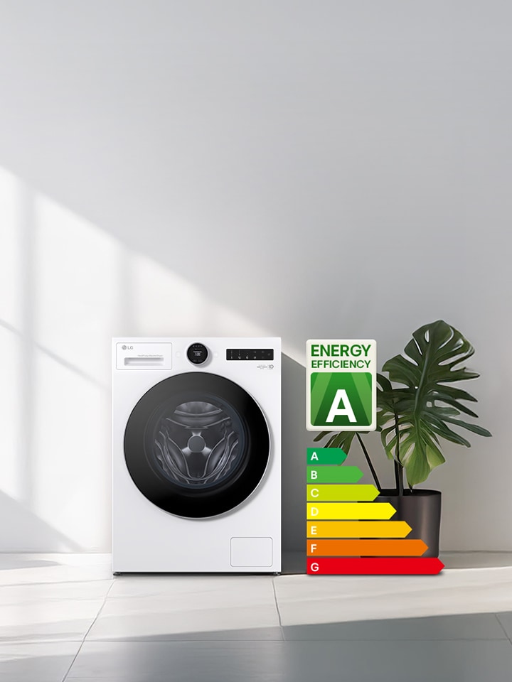 LG white washer dryer stands against a white wall with an A energy label, graph, and plants on the right side.