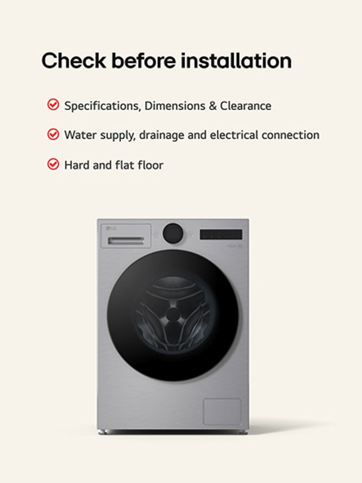 LG front load Washing Machine with pre-installation checklist showing specifications, connections, and floor requirements.