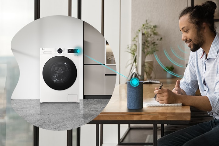A man controlling the LG washer with voice assistant	