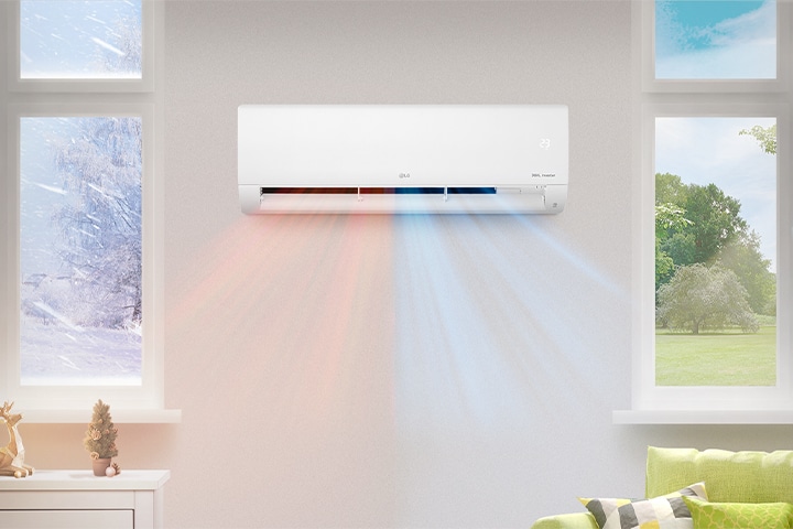 The left side is winter, the right side is summer, and the air conditioner blows cool and warm air at the same time.	