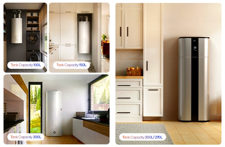 LG heat pump water heaters in home settings, displayed in four sizes: 100L, 150L, 200L, and 200/270L hybrid.	