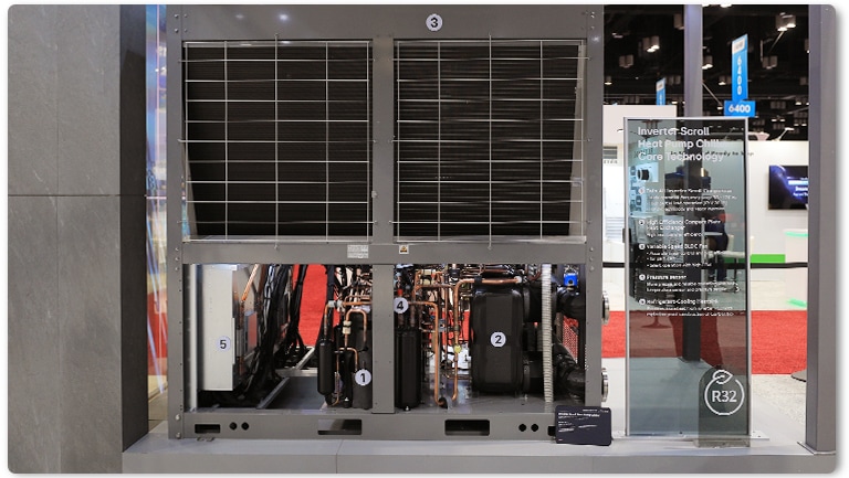 Inverter scroll heat pump chiller with R32 refrigerant, smart control, and modular design at AHR 2025.