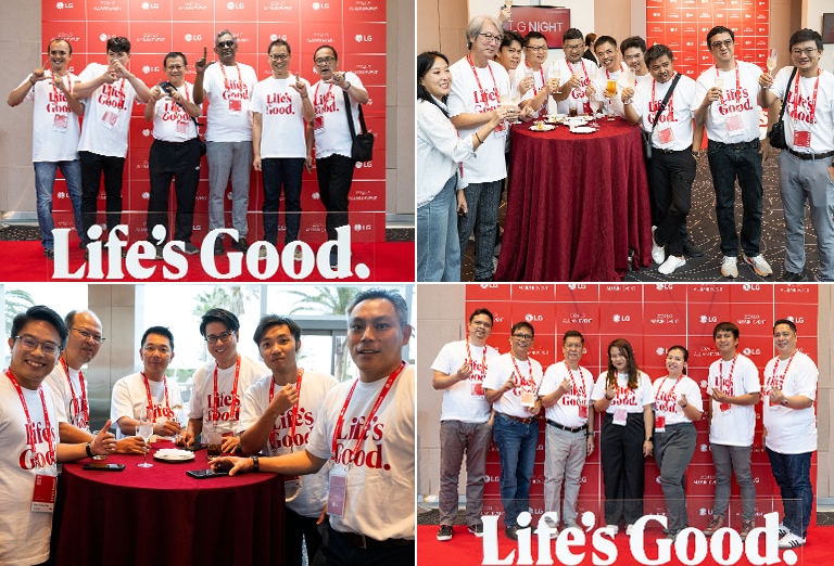 Collage of groups of people at the 2024 LG  Alumni Event, wearing 'Life's Good' shirts and posing in front of an LG-branded backdrop, and mingling around a table.	