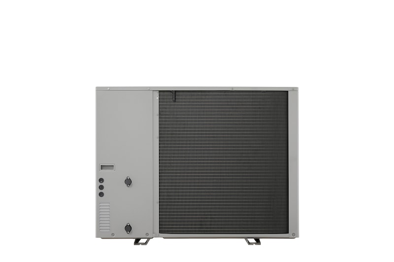 LG Air to Water Heat Pumps  HM123MRS UB40, back view of a black outdoor unit featuring a grey wavy grille.