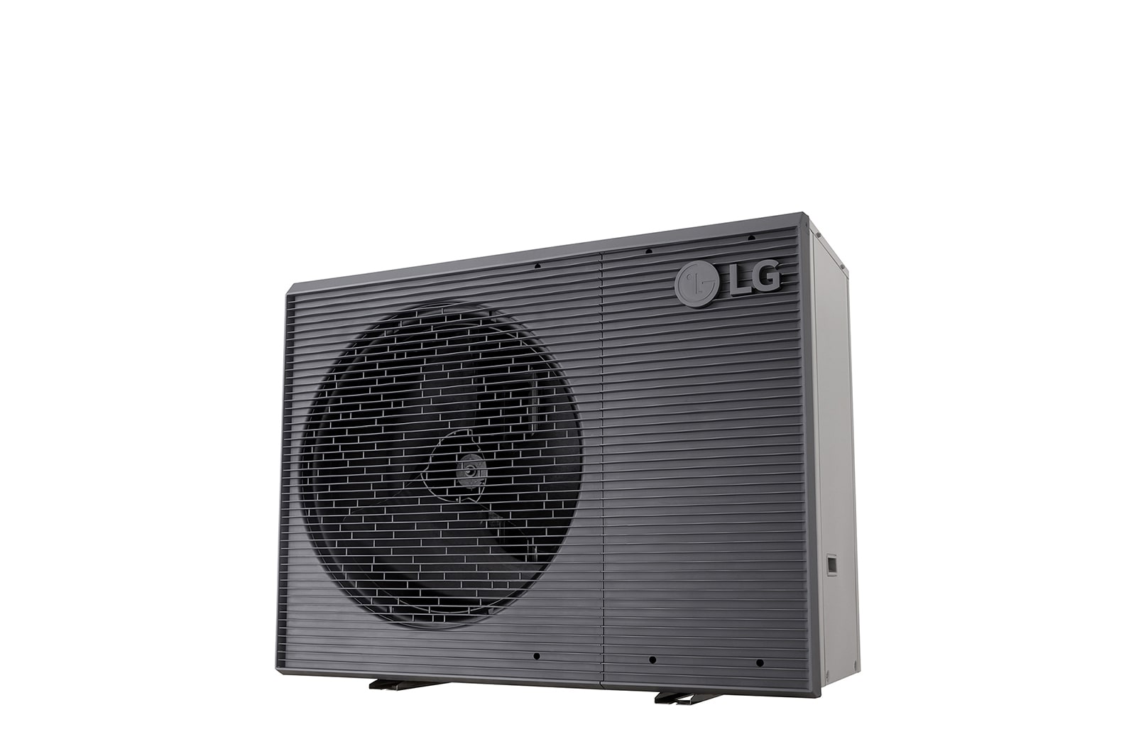 LG Air to Water Heat Pumps  HM123MRS UB40, bottom-right view of a black outdoor unit featuring a grey wavy grille.