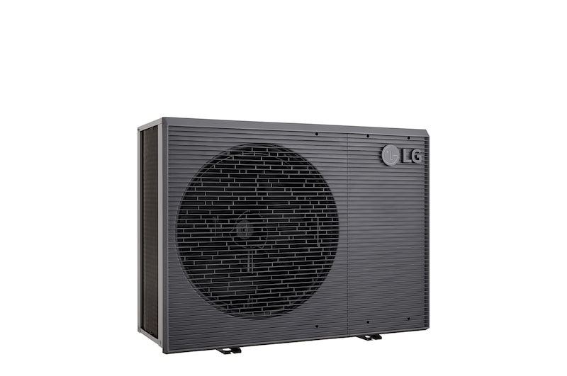 LG Air to Water Heat Pumps  HM123MRS UB40, left angle view of a black outdoor unit featuring a grey wavy grille.