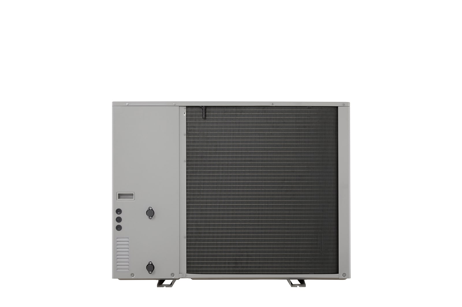 LG Air to Water Heat Pumps  HM143MRS UB40, back view of a black outdoor unit featuring a grey wavy grille.