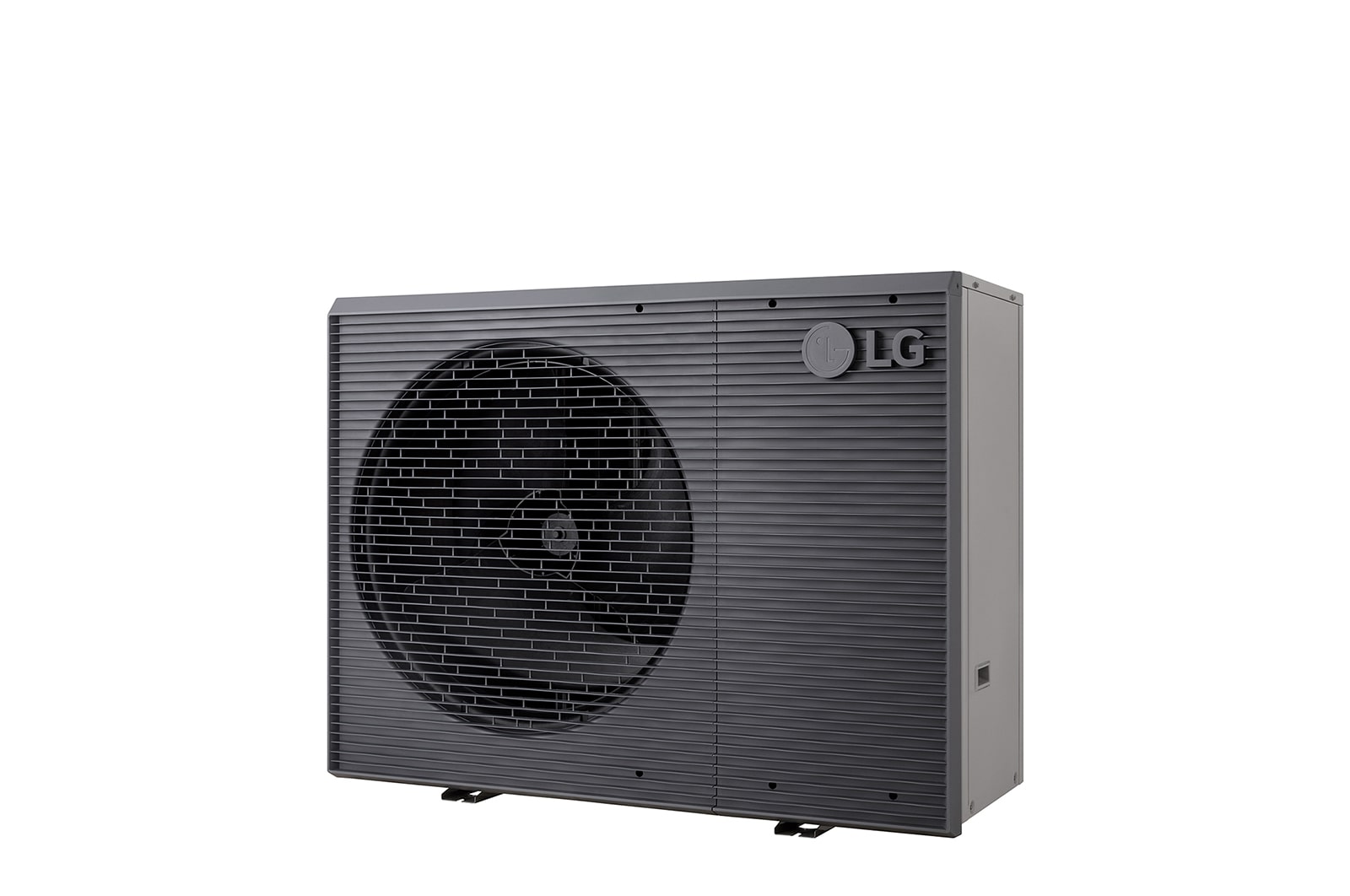 LG Air to Water Heat Pumps  HM143MRS UB40, right angle view of a black outdoor unit featuring a grey wavy grille.