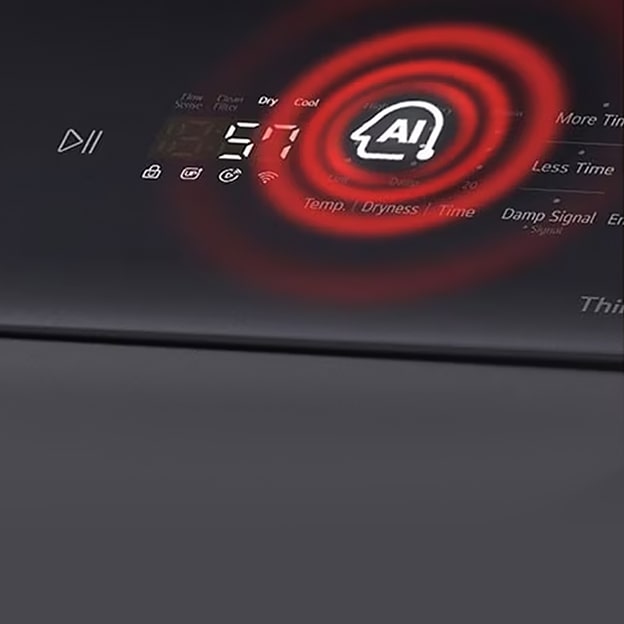 LG dryer control panel with an AI icon and cycle time display illustrates AI Sensor Dry adjusting drying performance by moisture level.