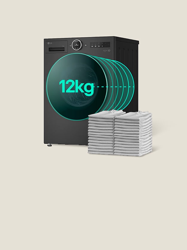 An image highlighting the 12kg washing capacity of an LG washing machine, with a visual representation of 60 folded shirts stacked beside it.
