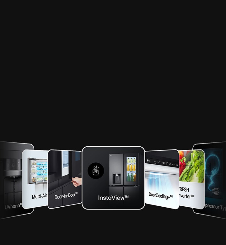 A series of LG fridge freezers feature cards displayed in a horizontal lineup, showing functions such as UVnano, Multi-Air Flow, InstaView, Door-in-Door, DoorCooling+ and Fresh Converter.