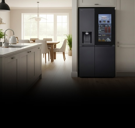 A black side-by-side refrigerator with a transparent door and water dispenser in a kitchen.