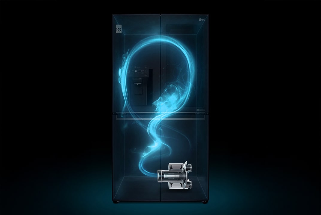 LG refrigerator illustration with blue airflow swirling through the cabinet beside a compressor unit illustrates inverter compressor cooling performance.