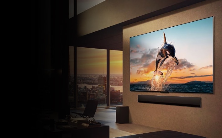 An LG TV mounted on a living room wall displays a video of an orca jumping out of the water.