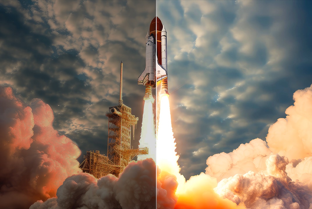 LG TV showing a rocket launch with brighter flames and smoke illustrates Brightness Booster.