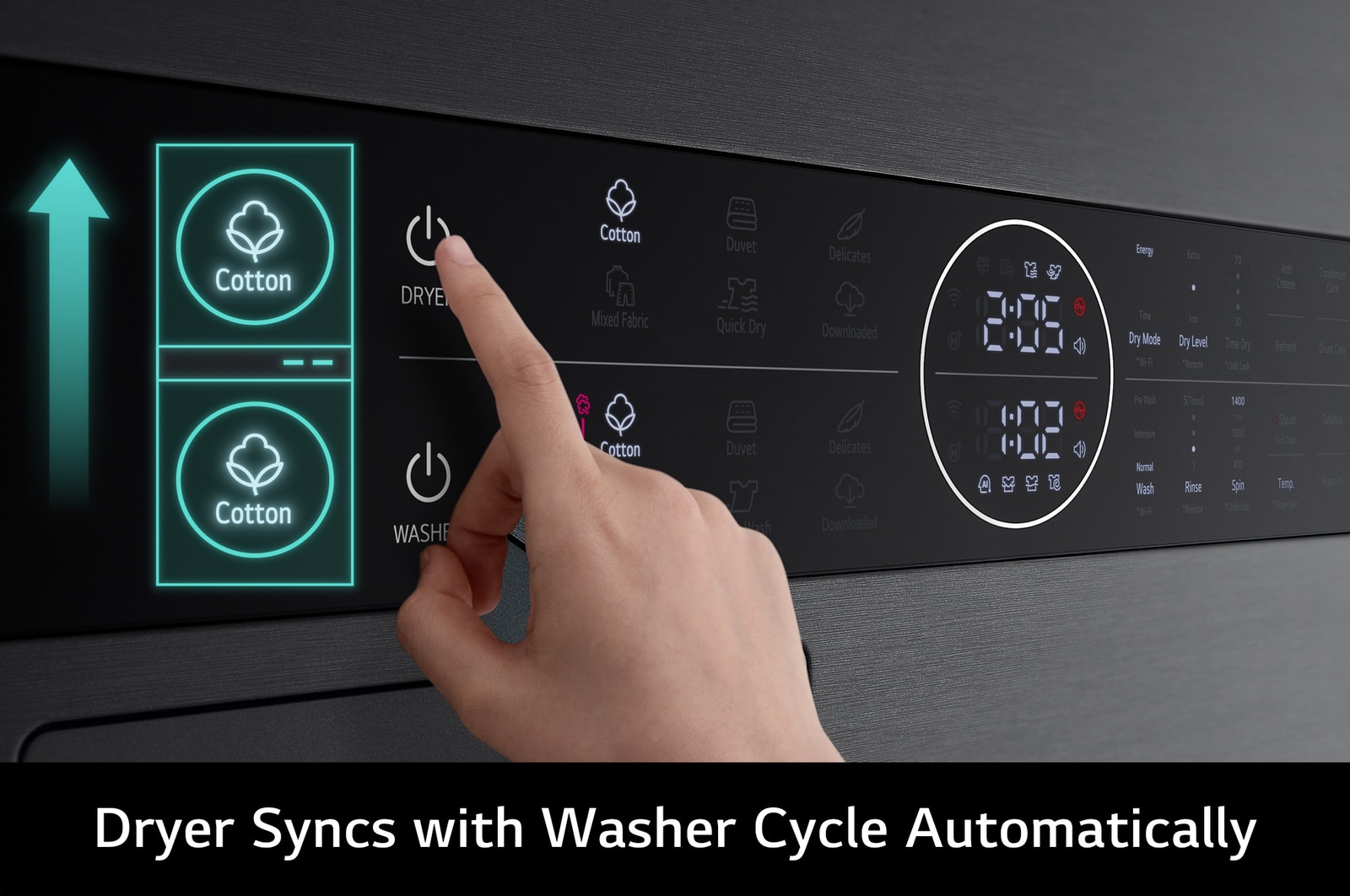 Close-up of the LG WashTower WT1210BBTN1's Smart Pairing feature, showing how it automatically syncs the dryer cycle to the selected wash cycle.