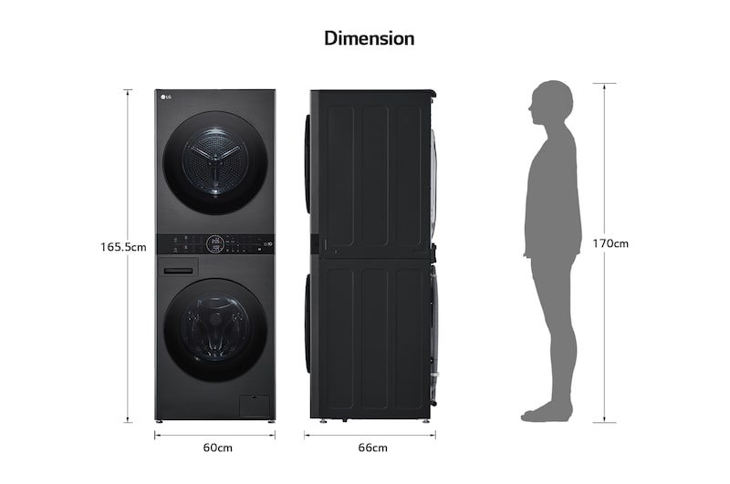 LG WashTower dimensions graphic: W 60, H 165.5, D 66cm, shown next to a 170cm person for scale.