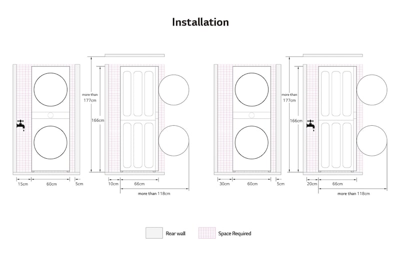 Technical installation guide for the LG WashTower, showing required clearances including 10cm from the rear wall and 5cm from the sides.
