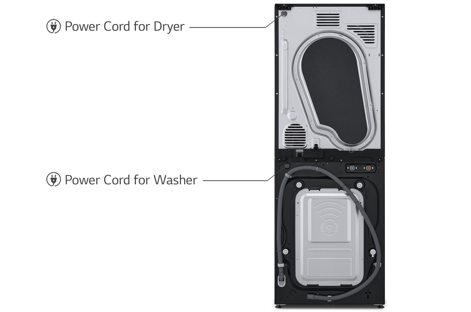 Rear view of the LG WashTower WT1210NBTN1 in black, showing the separate power cord connections for the washer and dryer units.