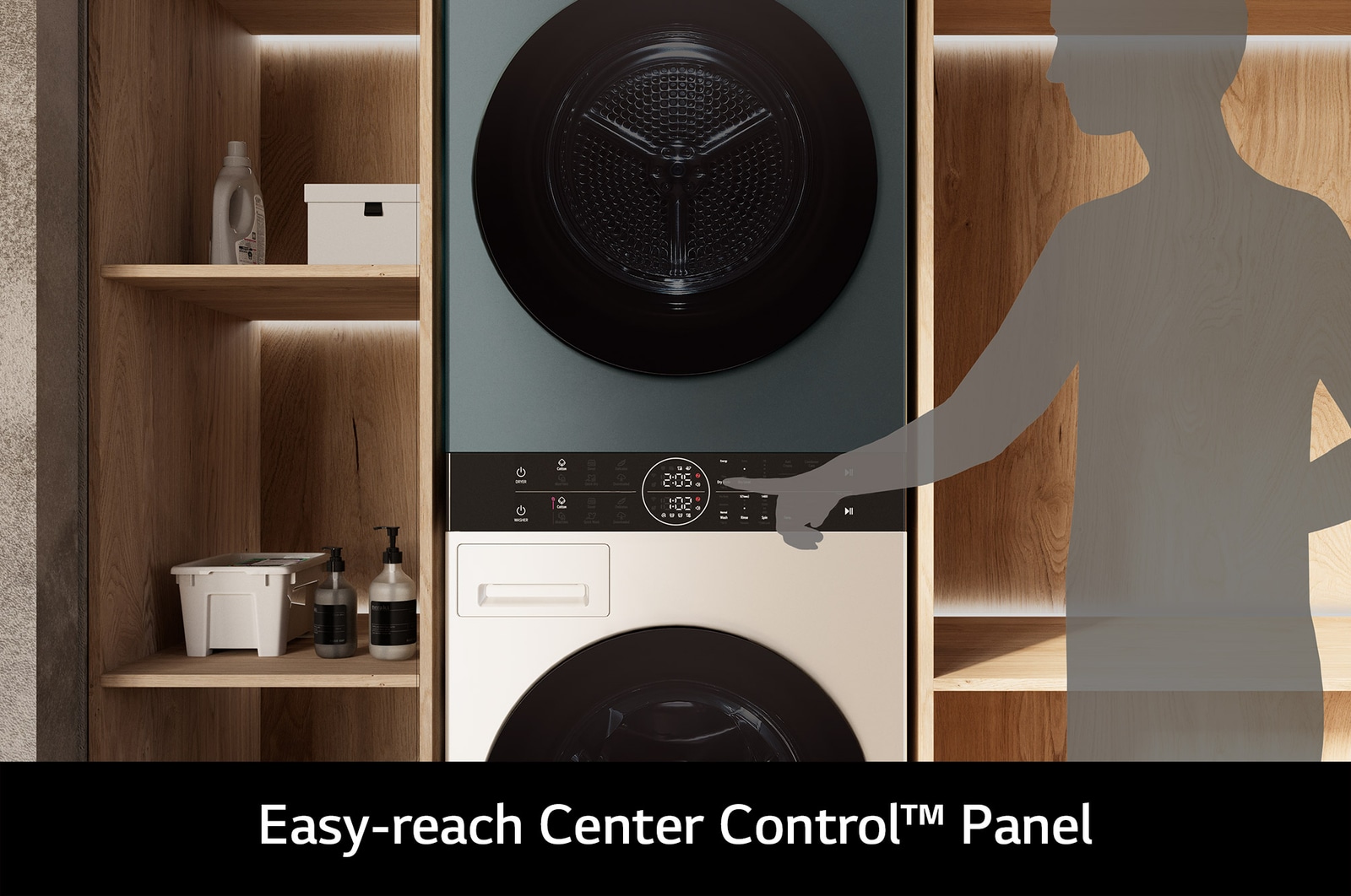 The LG WashTower WT1210NBTN1 in black, highlighting the all-in-one Center Control panel which is conveniently located for easy access.