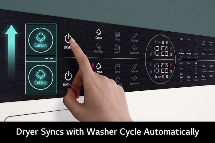 Close-up of the LG WashTower WT1210NBTN1's Smart Pairing feature, showing how it automatically syncs the dryer cycle to the selected wash cycle.