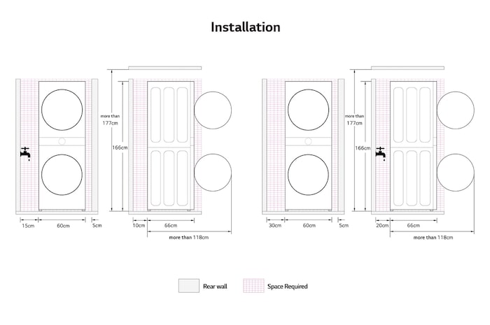 Technical installation guide for the LG WashTower, showing required clearances including 10cm from the rear wall and 5cm from the sides.