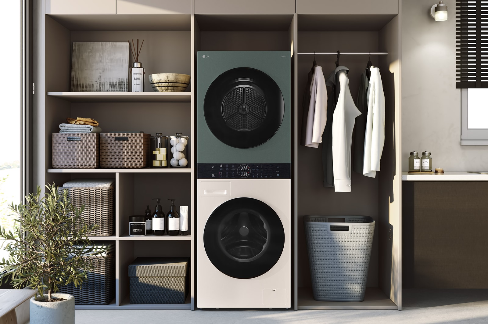 The LG WashTower WT1210NBTN1 in black, featuring its space-saving single-unit design installed in a modern laundry closet.