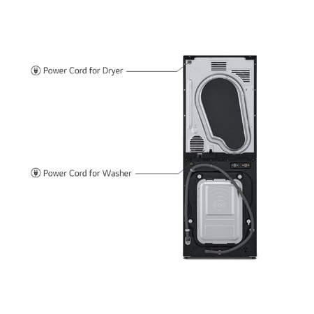Rear view of the LG WashTower WT1210NBTN1 in black, showing the separate power cord connections for the washer and dryer units.