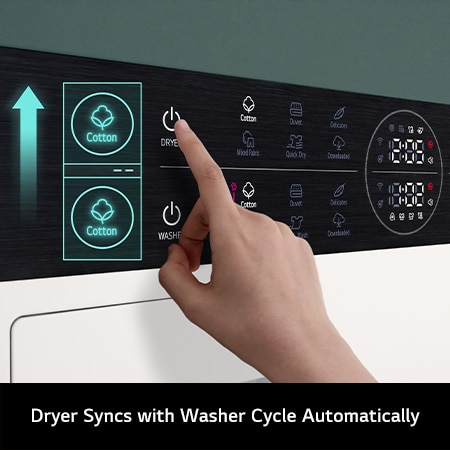 Close-up of the LG WashTower WT1210NBTN1's Smart Pairing feature, showing how it automatically syncs the dryer cycle to the selected wash cycle.