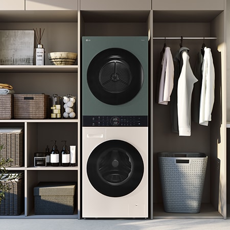 The LG WashTower WT1210NBTN1 in black, featuring its space-saving single-unit design installed in a modern laundry closet.