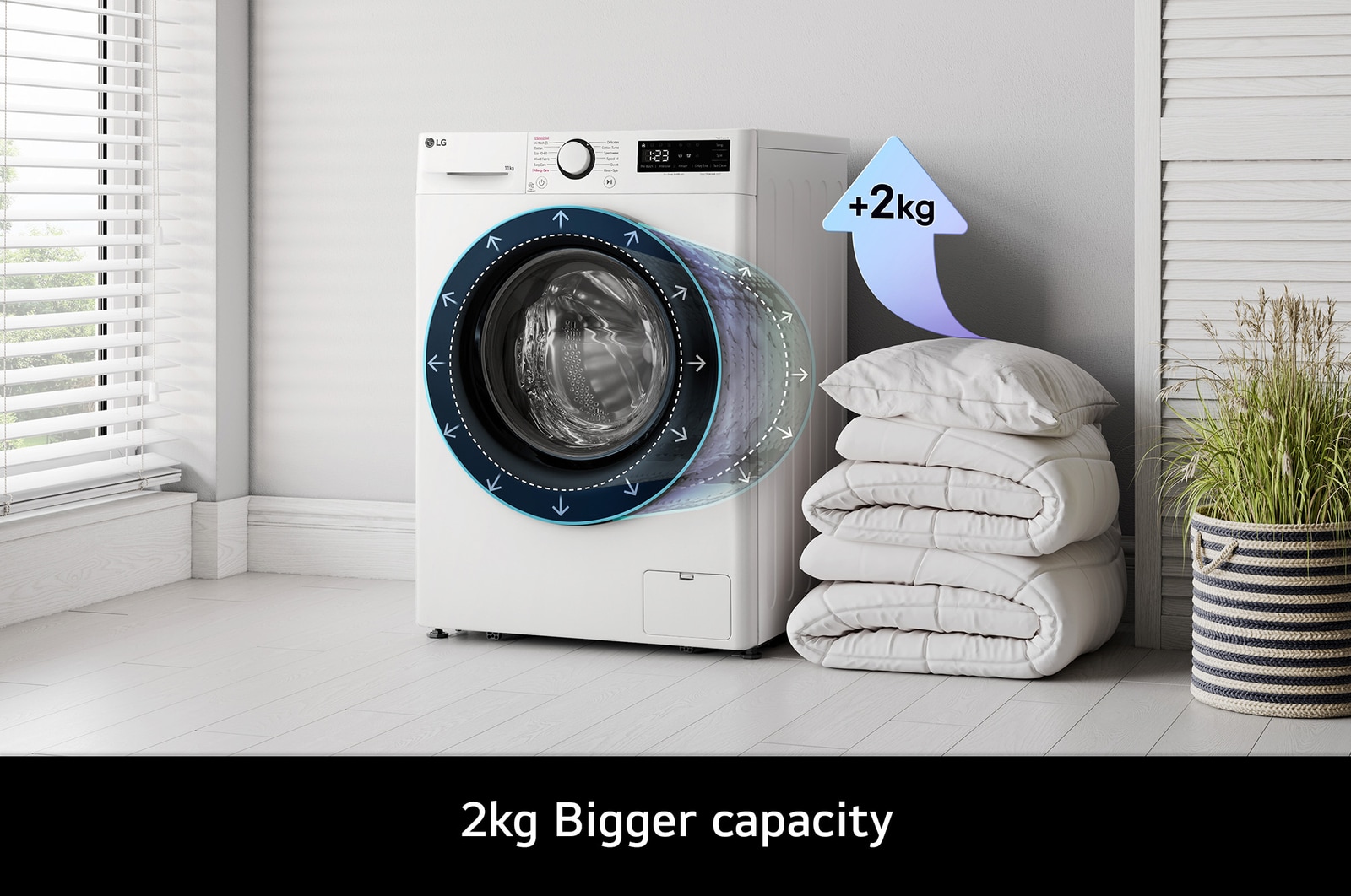 The LG F4Y511WBLN1 washing machine in white, highlighting its bigger 11kg capacity in the same standard-sized drum.