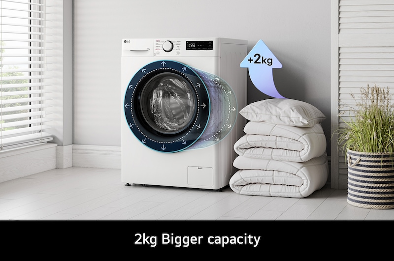 The LG F4Y511WBLN1 washing machine in white, highlighting its bigger 11kg capacity in the same standard-sized drum.