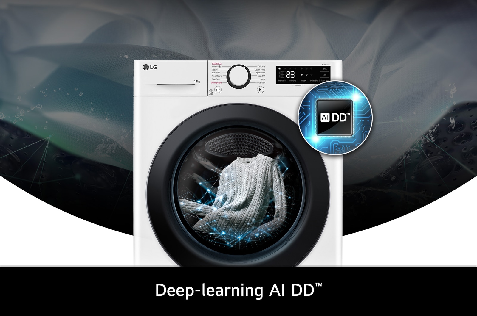 Close-up of the LG 11kg Washing Machine F4Y511WBLN1, featuring its deep-learning AI DD™ technology for intelligent fabric care.
