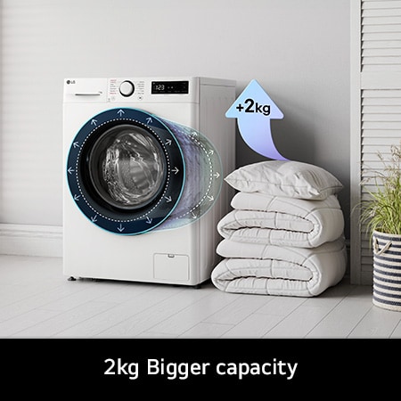 The LG F4Y511WBLN1 washing machine in white, highlighting its bigger 11kg capacity in the same standard-sized drum.