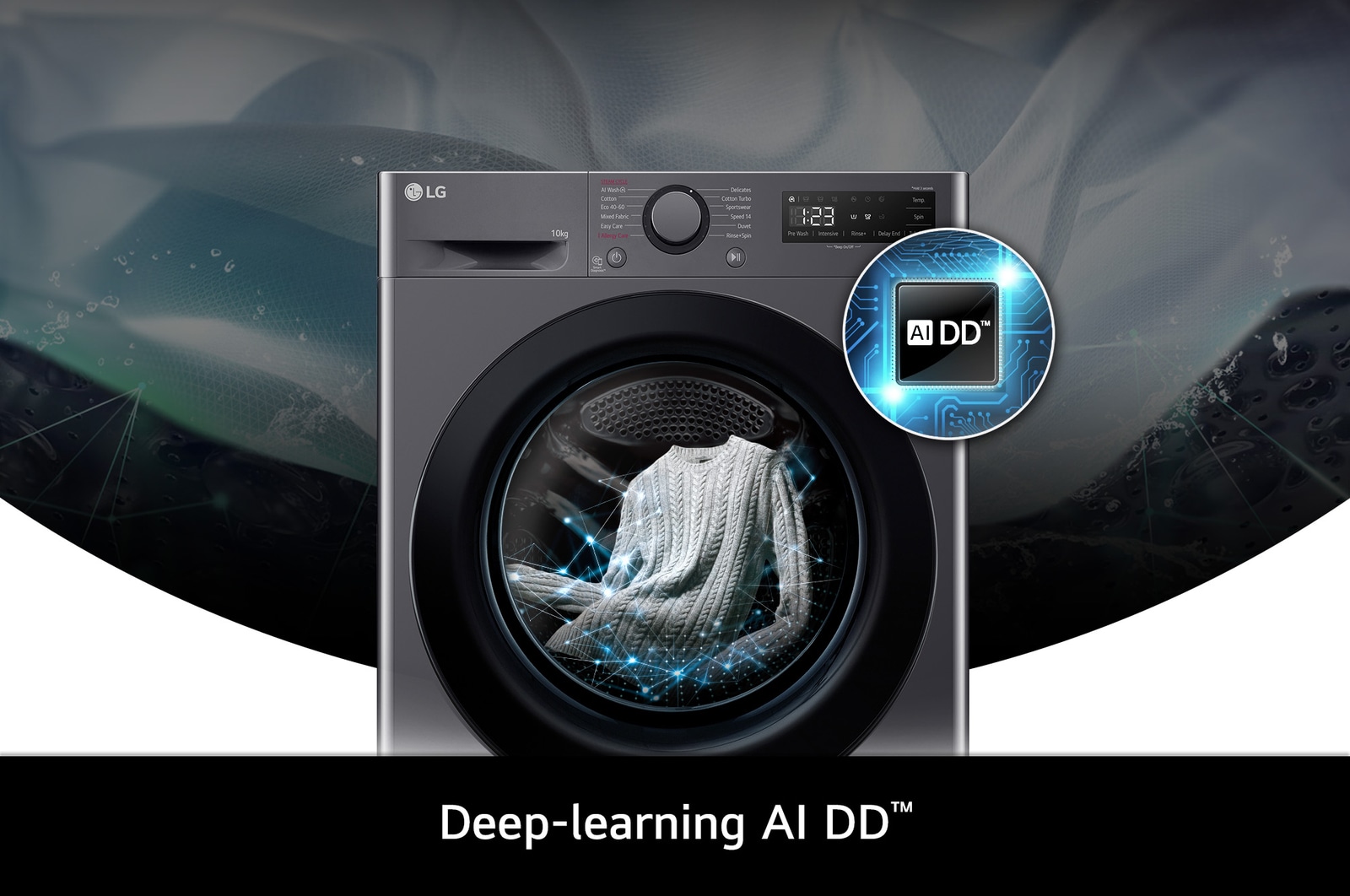Close-up of the LG 10kg Washing Machine F4Y510GBLN1 in Slate Grey, featuring its deep-learning AI DD™ technology for intelligent fabric care.