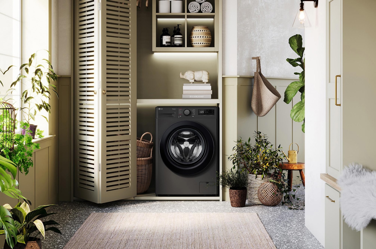 The LG 10kg washing machine F4Y510GBLN1 in Slate Grey, featuring its premium design, shown installed in a stylish, modern laundry closet.