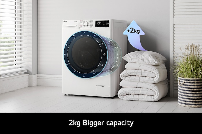 The LG F4Y511WWLA1 washing machine in white, highlighting its bigger 11kg capacity in the same standard-sized drum.