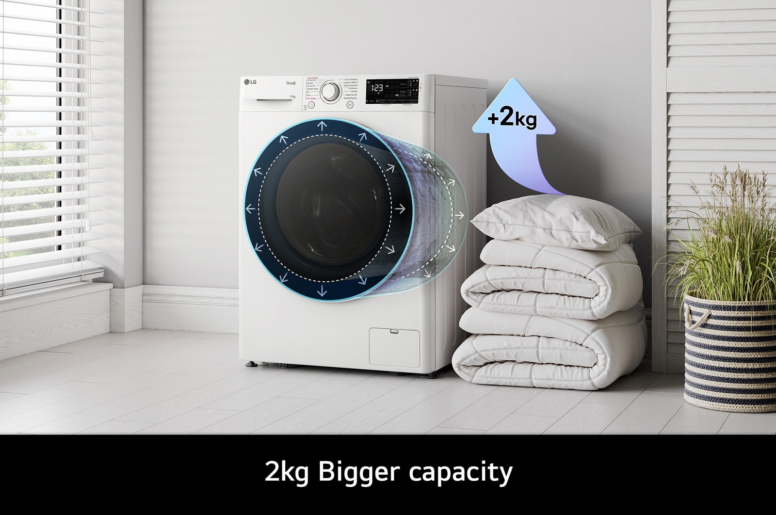 The LG F4Y511WWLA1 washing machine in white, highlighting its bigger 11kg capacity in the same standard-sized drum.
