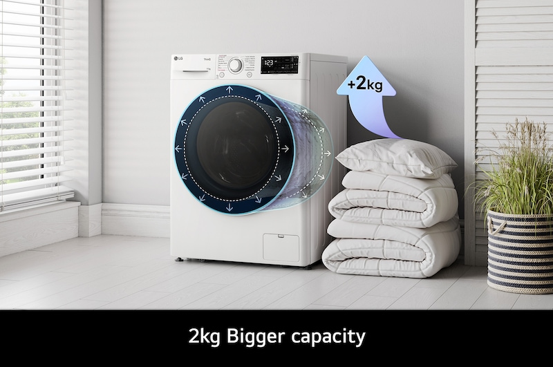 The LG F4Y511WWLA1 washing machine in white, highlighting its bigger 11kg capacity in the same standard-sized drum.