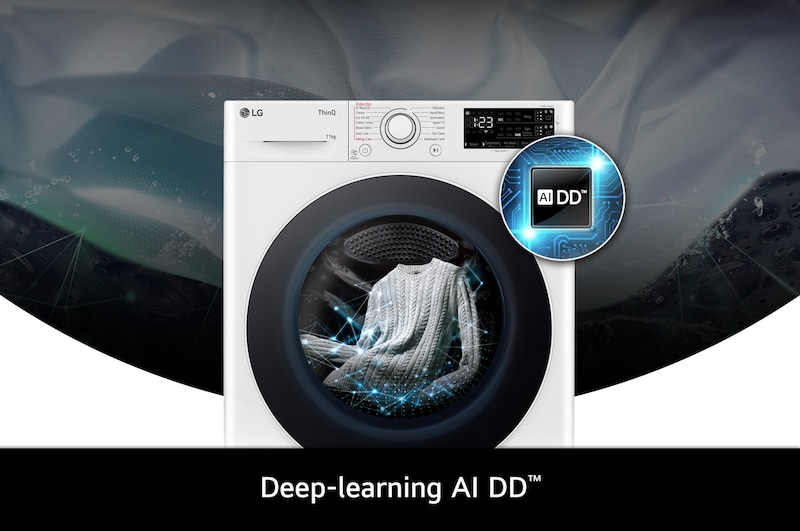 Close-up of the LG 11kg Washing Machine F4Y511WWLA1, featuring its deep-learning AI DD™ technology for intelligent fabric care.