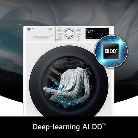 Close-up of the LG 11kg Washing Machine F4Y511WWLA1, featuring its deep-learning AI DD™ technology for intelligent fabric care.