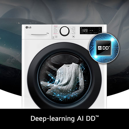 Close-up of the LG 10kg Washing Machine F4Y510WBLN1, featuring its deep-learning AI DD™ technology for intelligent fabric care.
