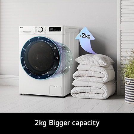 The LG F4Y513WWLN1 washing machine in white, highlighting its bigger 13kg capacity in the same standard-sized drum.